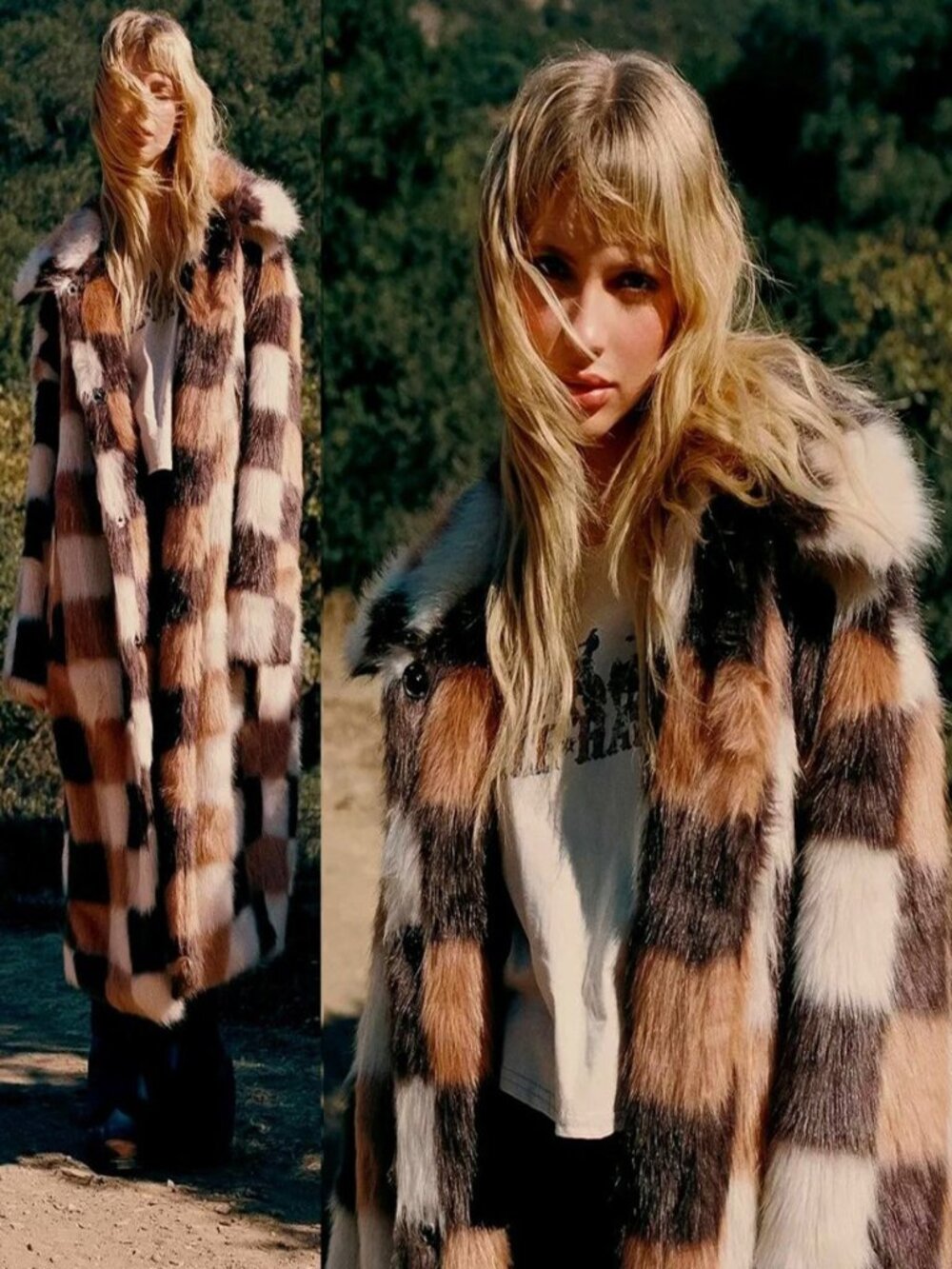 💥SHOWSTOPPER!💥Retro 60s Vibe Checkered Faux Fur Coat in Tan/Espresso/Ivory